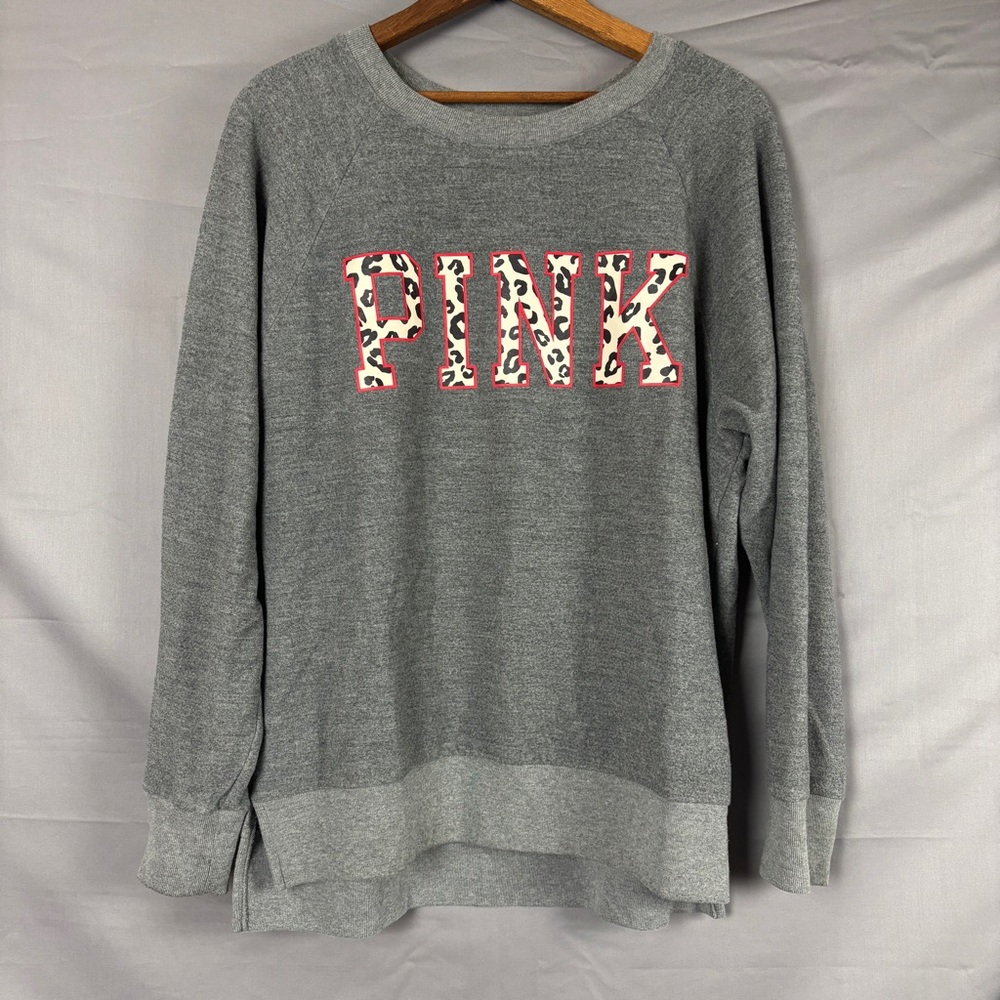 Victoria's Secret PINK Gray Sweatshirt Leopard Print Logo Women’s Size Small